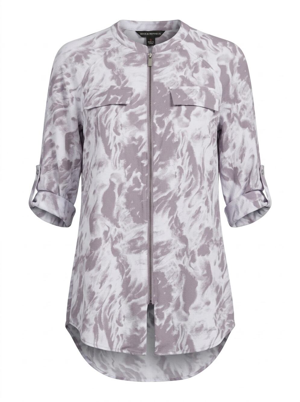 Rock & Republic White Gray Abstract Full Zip Tunic Blouse Women Size S